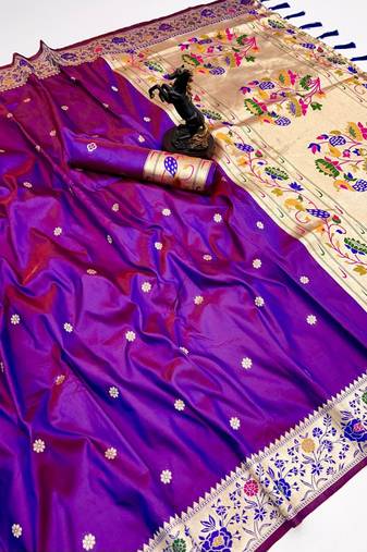 Magenta soft silk paithani saree with floral zari border & lotus pallu