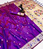 Magenta soft silk paithani saree with floral zari border & lotus pallu