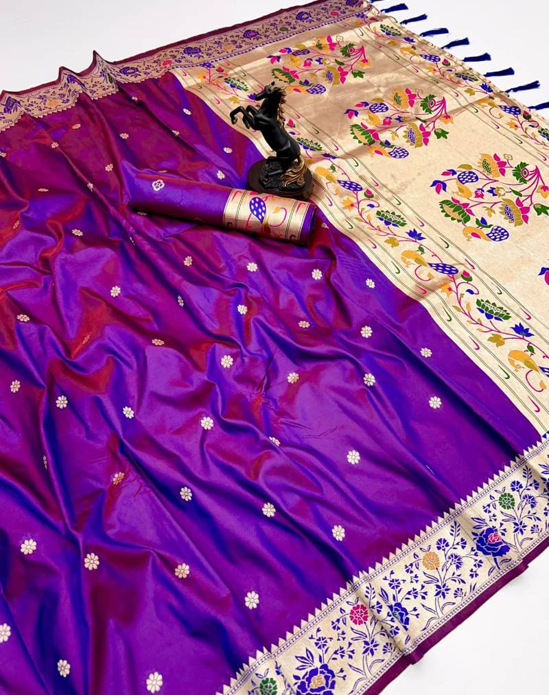 Magenta soft silk paithani saree with floral zari border & lotus pallu