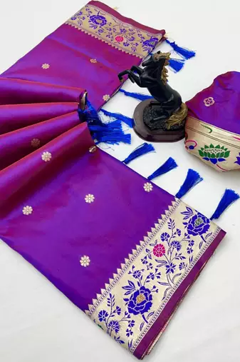Magenta soft silk paithani saree with floral zari border & lotus pallu