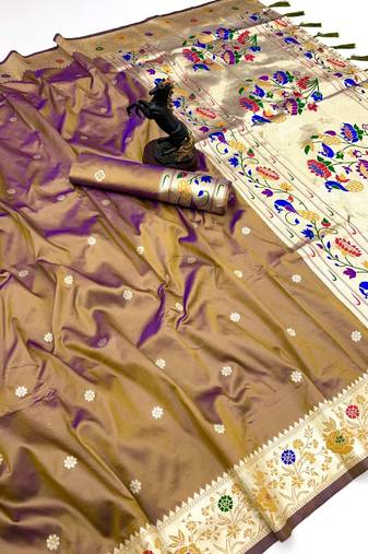 Brown soft silk paithani saree with floral zari border & lotus pallu