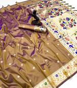 Brown soft silk paithani saree with floral zari border & lotus pallu