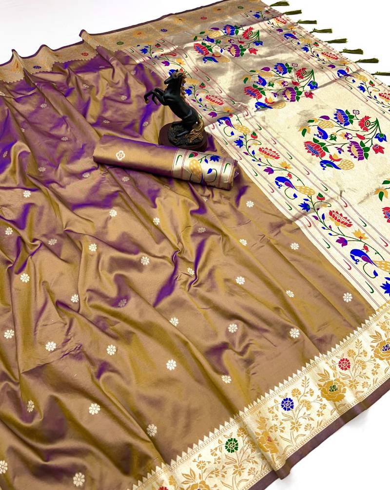 Brown soft silk paithani saree with floral zari border & lotus pallu