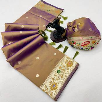 Brown soft silk paithani saree with floral zari border & lotus pallu 2