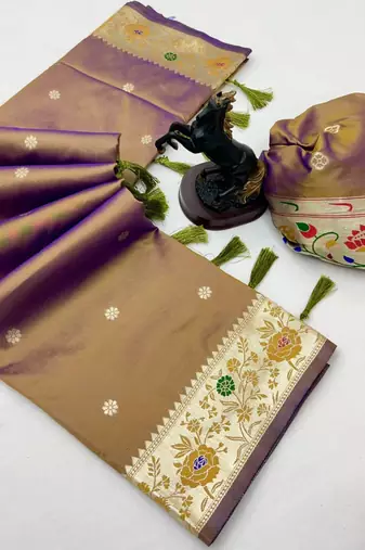 Brown soft silk paithani saree with floral zari border & lotus pallu