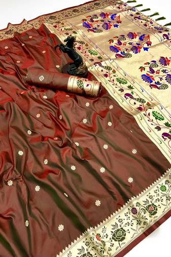 Rust soft silk paithani saree with floral zari border & lotus pallu