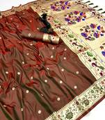 Rust soft silk paithani saree with floral zari border & lotus pallu