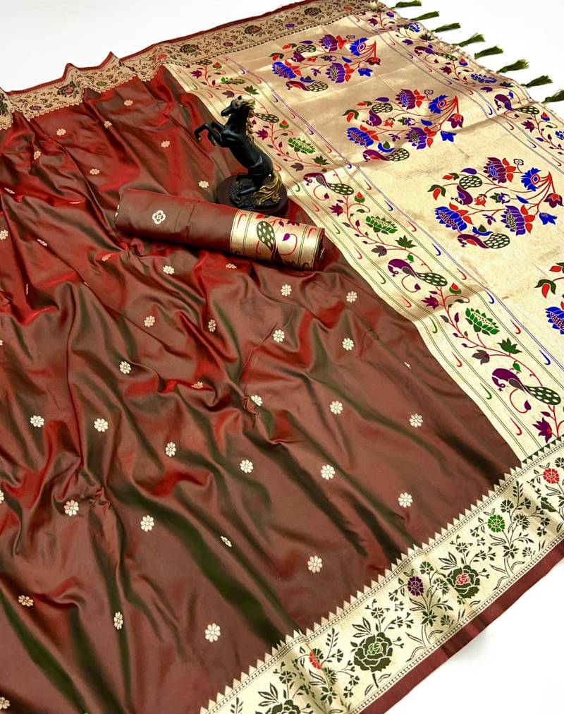 Rust soft silk paithani saree with floral zari border & lotus pallu