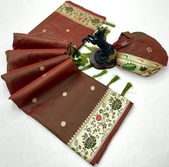 Rust soft silk paithani saree with floral zari border & lotus pallu 2