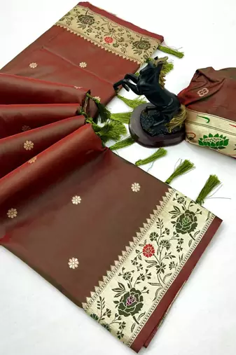 Rust soft silk paithani saree with floral zari border & lotus pallu