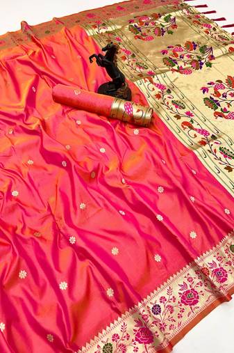 Hot pink soft silk paithani saree with floral zari border & lotus pallu