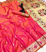 Hot pink soft silk paithani saree with floral zari border & lotus pallu
