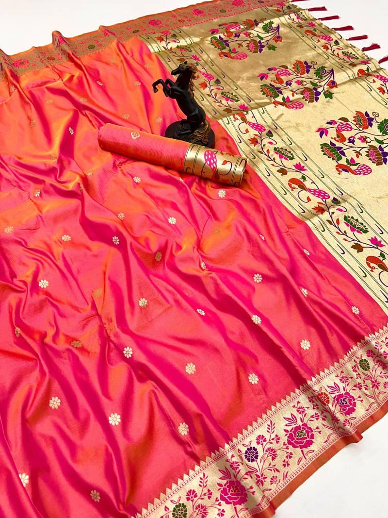 Hot pink soft silk paithani saree with floral zari border & lotus pallu