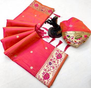 Hot pink soft silk paithani saree with floral zari border & lotus pallu 2