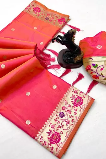 Hot pink soft silk paithani saree with floral zari border & lotus pallu
