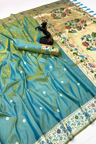 Light green soft silk paithani saree with floral zari border & lotus pallu