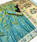 Light green soft silk paithani saree with floral zari border & lotus pallu