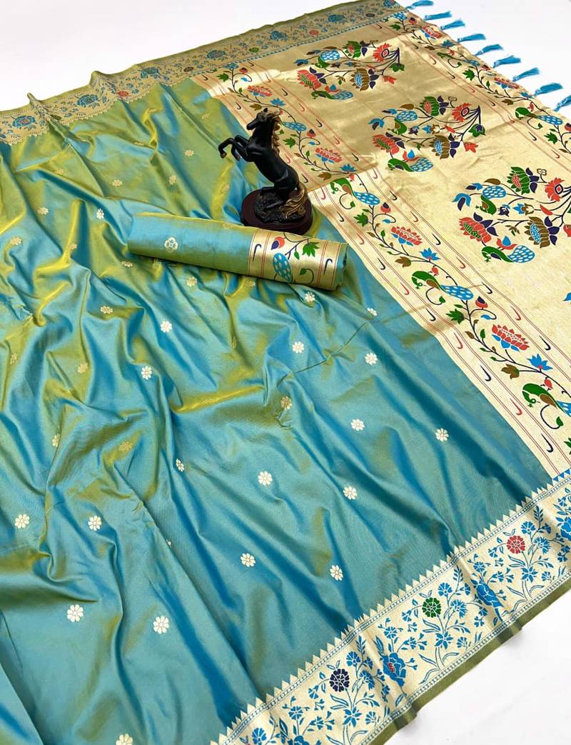 Light green soft silk paithani saree with floral zari border & lotus pallu