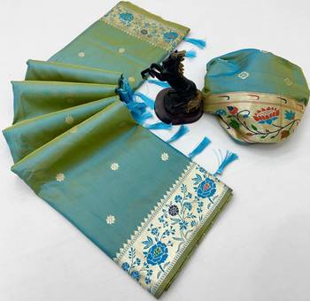 Light green soft silk paithani saree with floral zari border & lotus pallu 2