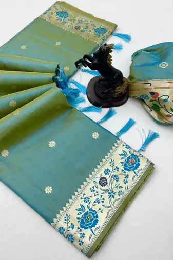 Light green soft silk paithani saree with floral zari border & lotus pallu