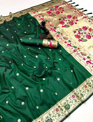 Green soft silk paithani saree with floral zari border & lotus pallu 1