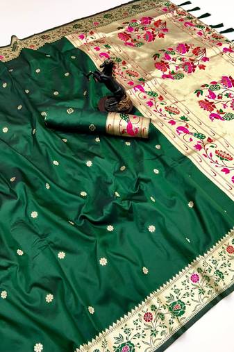 Green soft silk paithani saree with floral zari border & lotus pallu