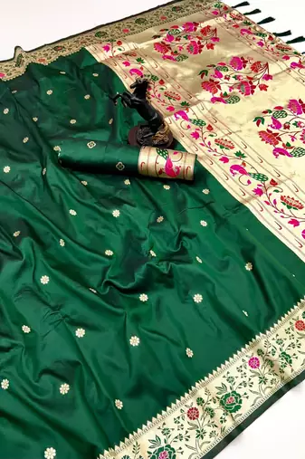 Green soft silk paithani saree with floral zari border & lotus pallu