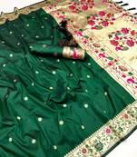 Green soft silk paithani saree with floral zari border & lotus pallu