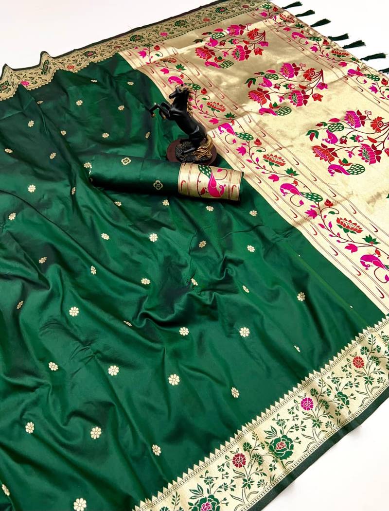 Green soft silk paithani saree with floral zari border & lotus pallu