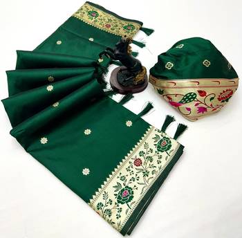 Green soft silk paithani saree with floral zari border & lotus pallu 2