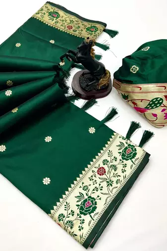 Green soft silk paithani saree with floral zari border & lotus pallu