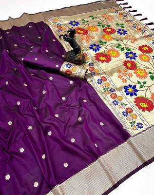 Wine soft silk paithani saree with floral zari border & designer pallu 1