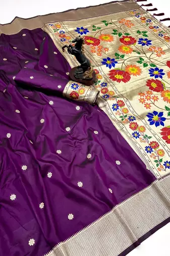 Wine soft silk paithani saree with floral zari border & designer pallu