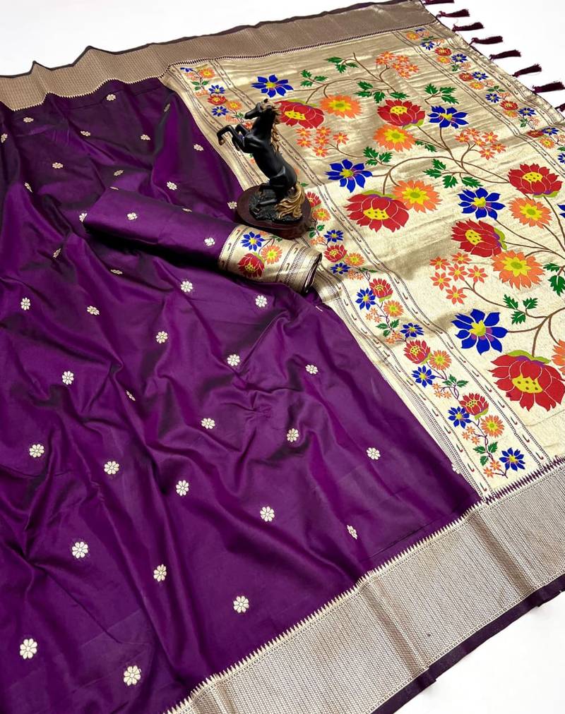 Wine soft silk paithani saree with floral zari border & designer pallu