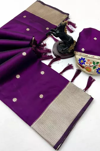 Wine soft silk paithani saree with floral zari border & designer pallu