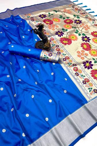 Royal blue soft silk paithani saree with floral zari border & designer pallu