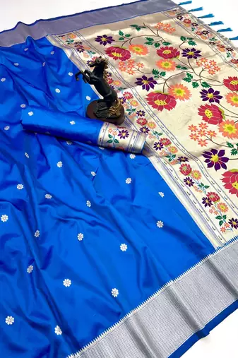 Royal blue soft silk paithani saree with floral zari border & designer pallu