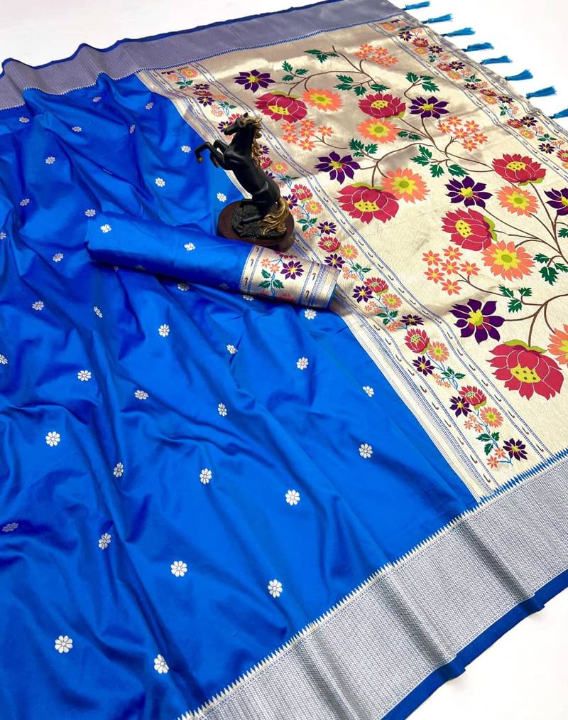 Royal blue soft silk paithani saree with floral zari border & designer pallu