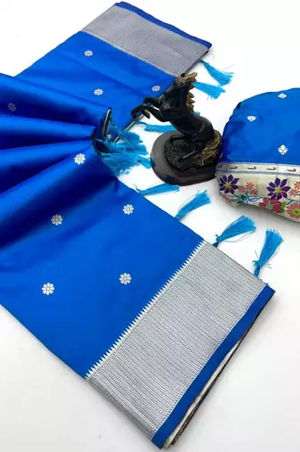 Royal blue soft silk paithani saree with floral zari border & designer pallu