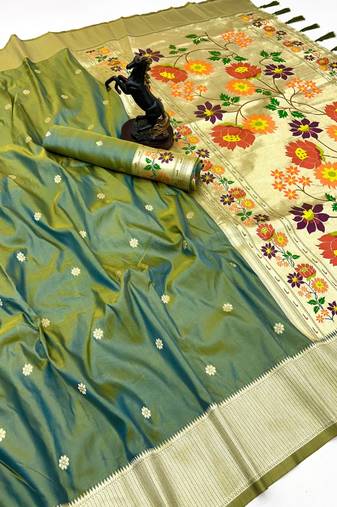 Light green soft silk paithani saree with floral zari border & designer pallu