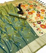 Light green soft silk paithani saree with floral zari border & designer pallu
