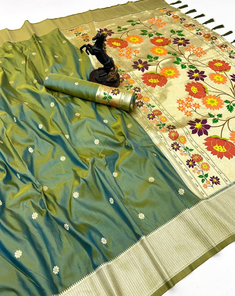 Light green soft silk paithani saree with floral zari border & designer pallu