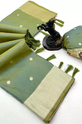 Light green soft silk paithani saree with floral zari border & designer pallu