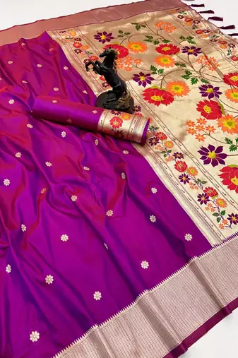 Pink soft silk paithani saree with floral zari border & designer pallu