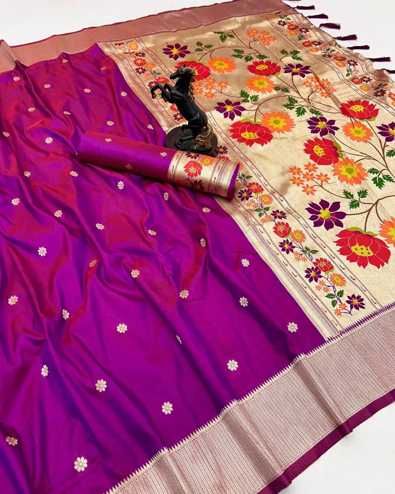 Pink soft silk paithani saree with floral zari border & designer pallu