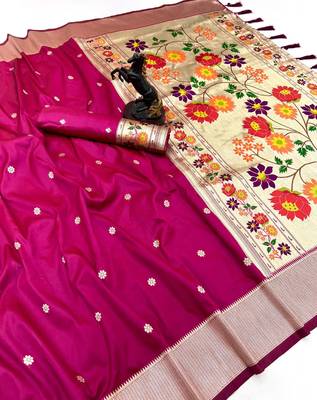 Hot pink soft silk paithani saree with floral zari border & designer pallu 1