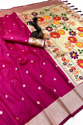 Hot pink soft silk paithani saree with floral zari border & designer pallu