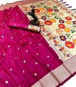 Hot pink soft silk paithani saree with floral zari border & designer pallu