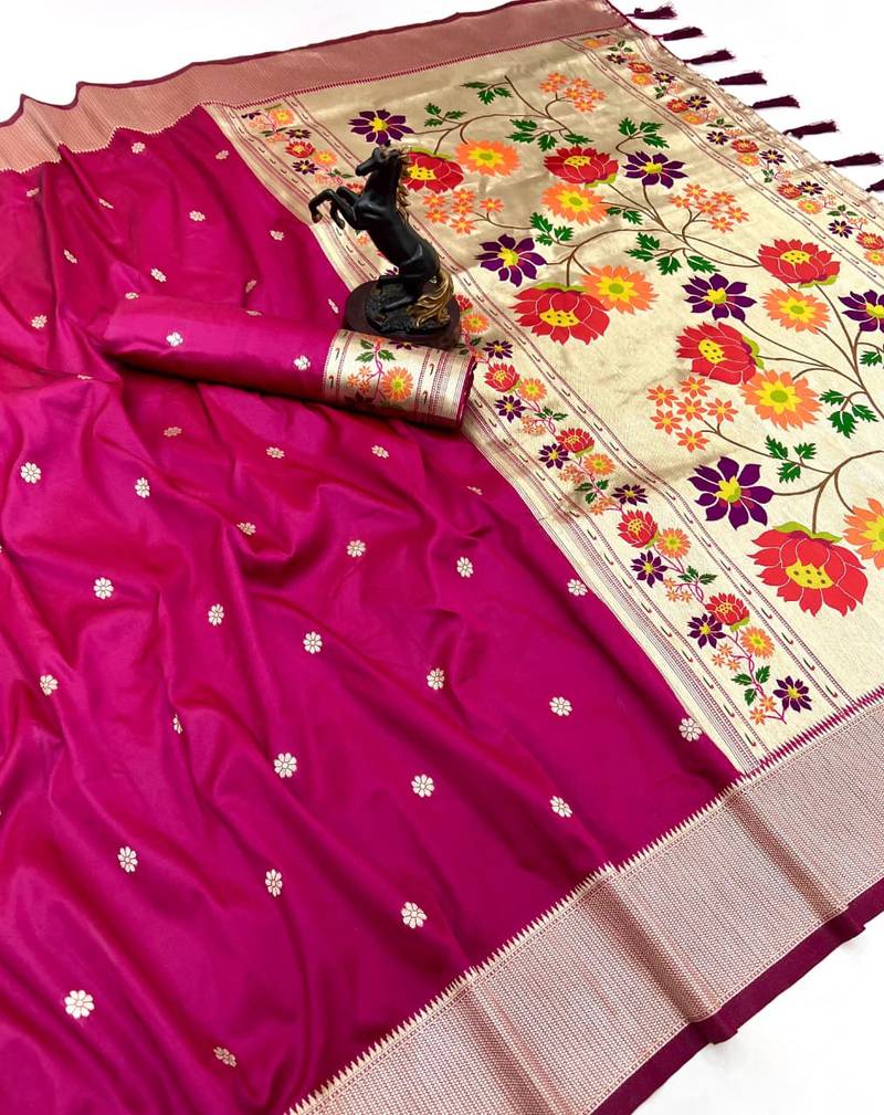 Hot pink soft silk paithani saree with floral zari border & designer pallu