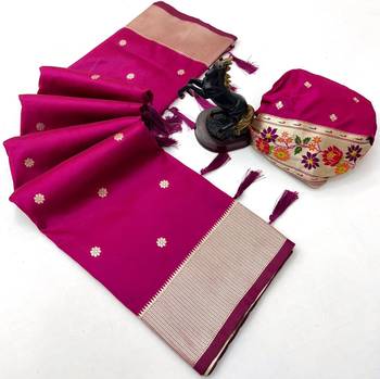 Hot pink soft silk paithani saree with floral zari border & designer pallu 2